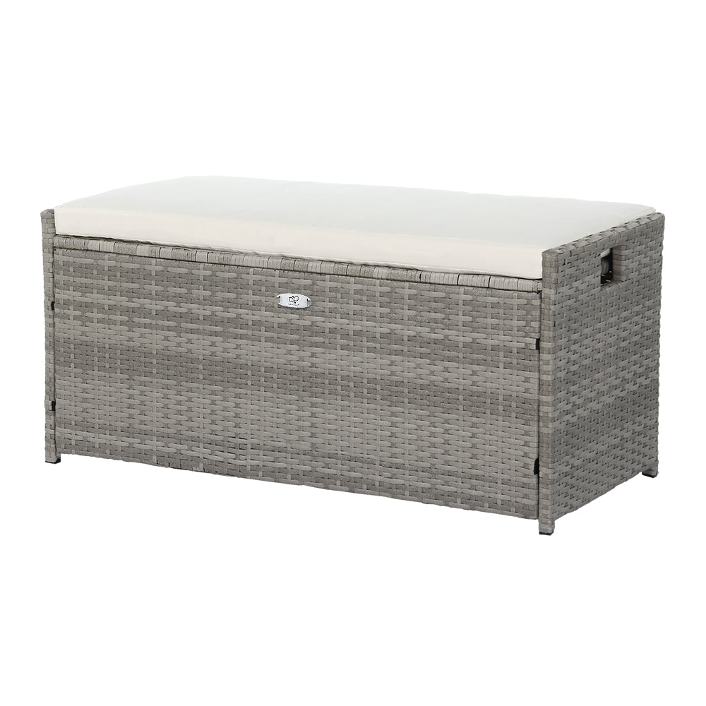 Wicker Outdoor Storage Bench with Cushion – Grey